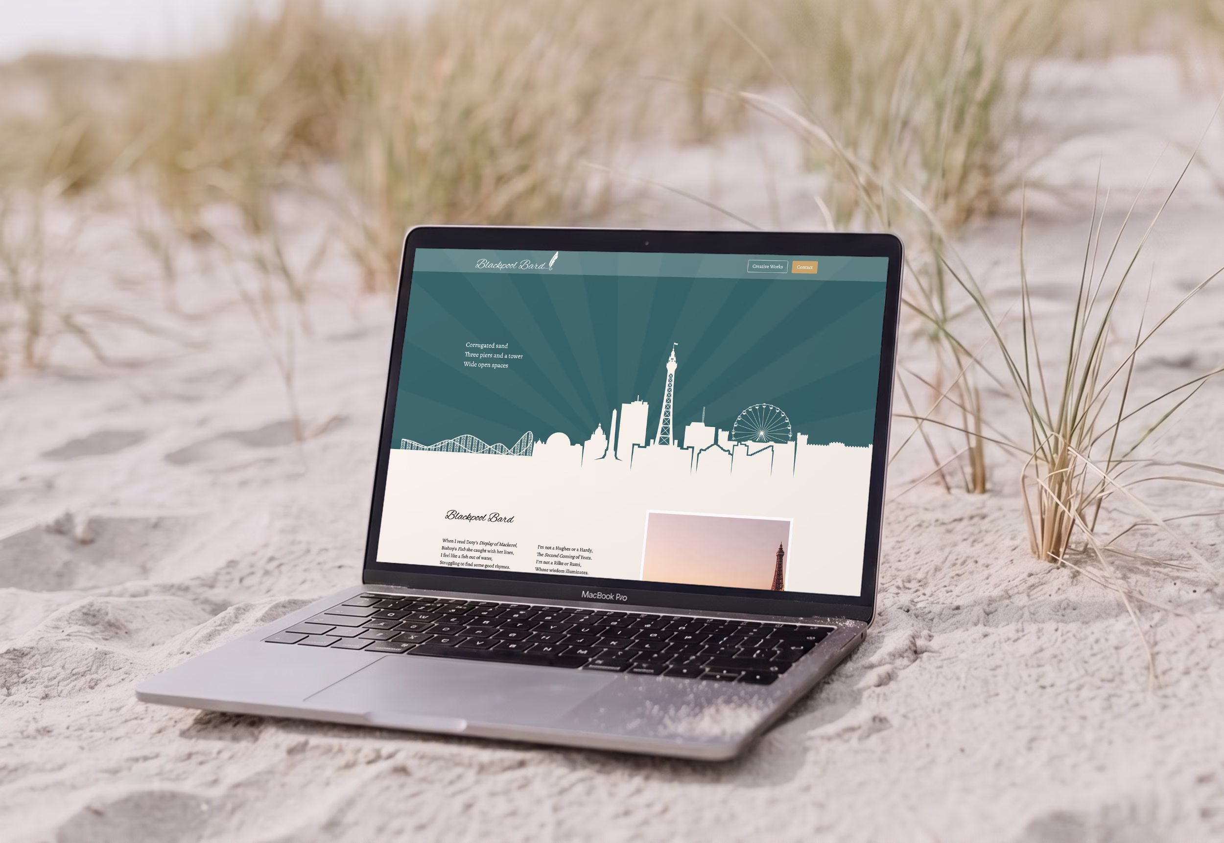 Laptop screen showing the homepage of a poetry website built in Webflow for a Blackpool author.