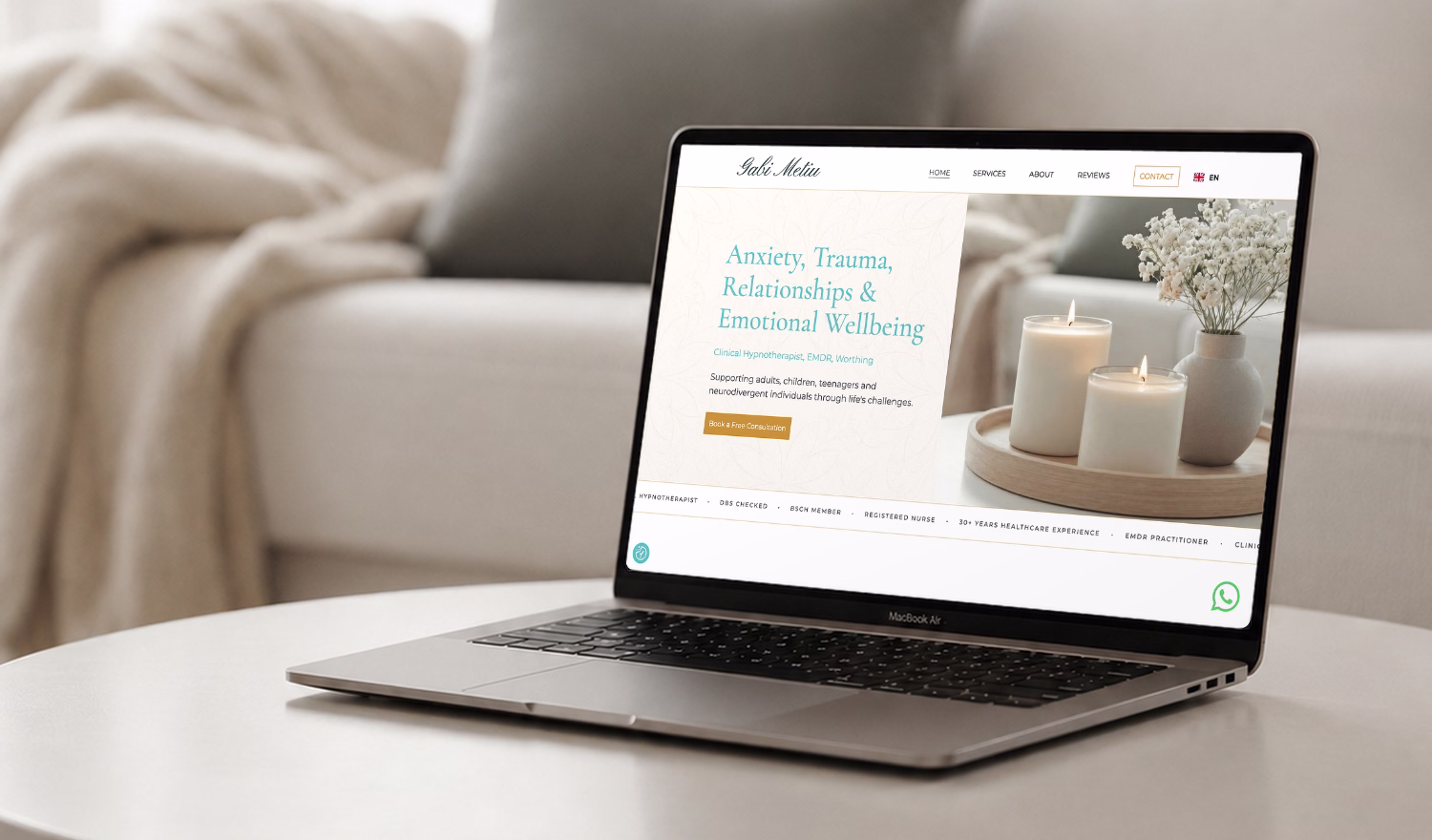 Webflow website design for hypnotherapy practice - custom therapist website by web developer Worthing, West Sussex
