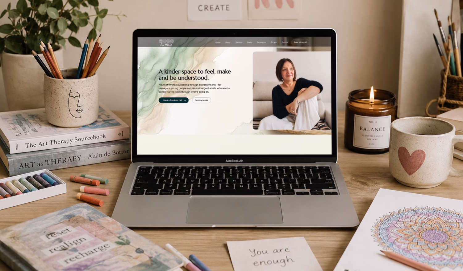 Webflow website design for creative counselling practice - custom therapist website by web developer Worthing, West Sussex.