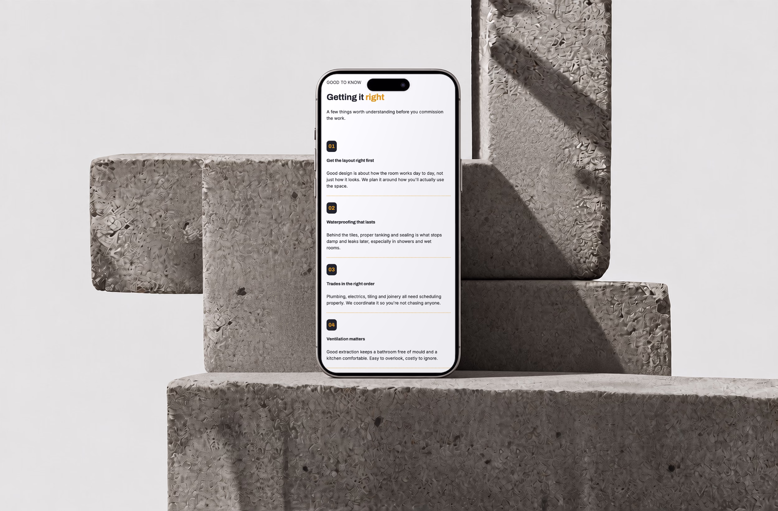 Iphone mockup of a filterable project library on a Webflow website for a building firm