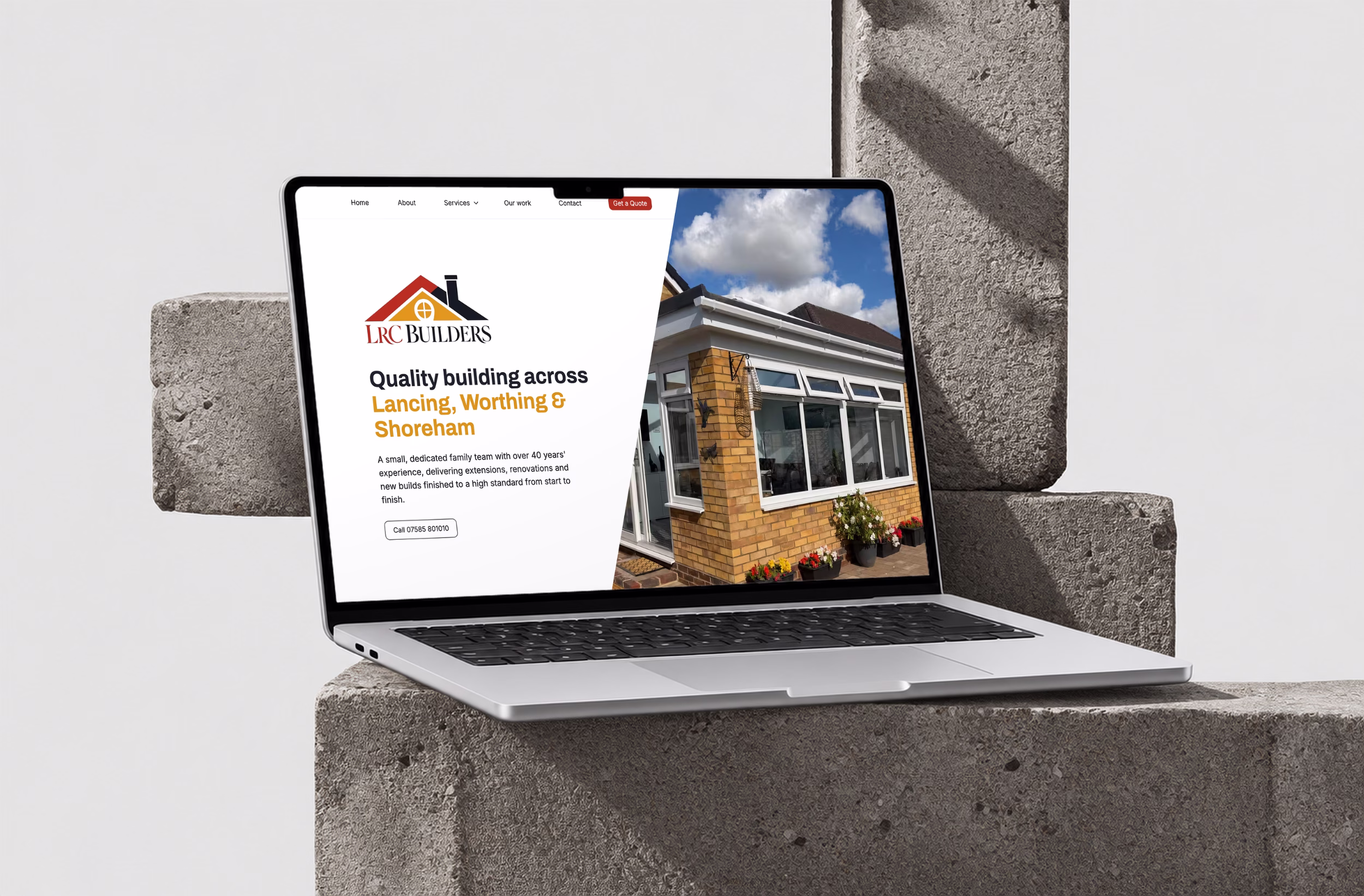 Laptop screen showing the homepage of a builder website built in Webflow for a West Sussex family firm