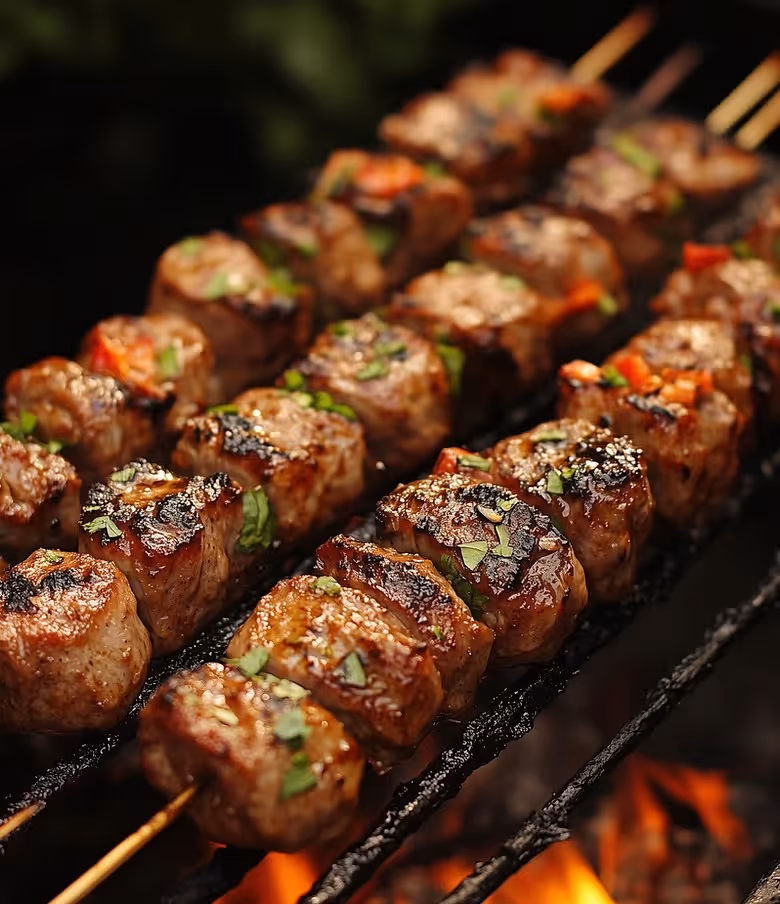 A grilled meat skewer with a green herb on top.