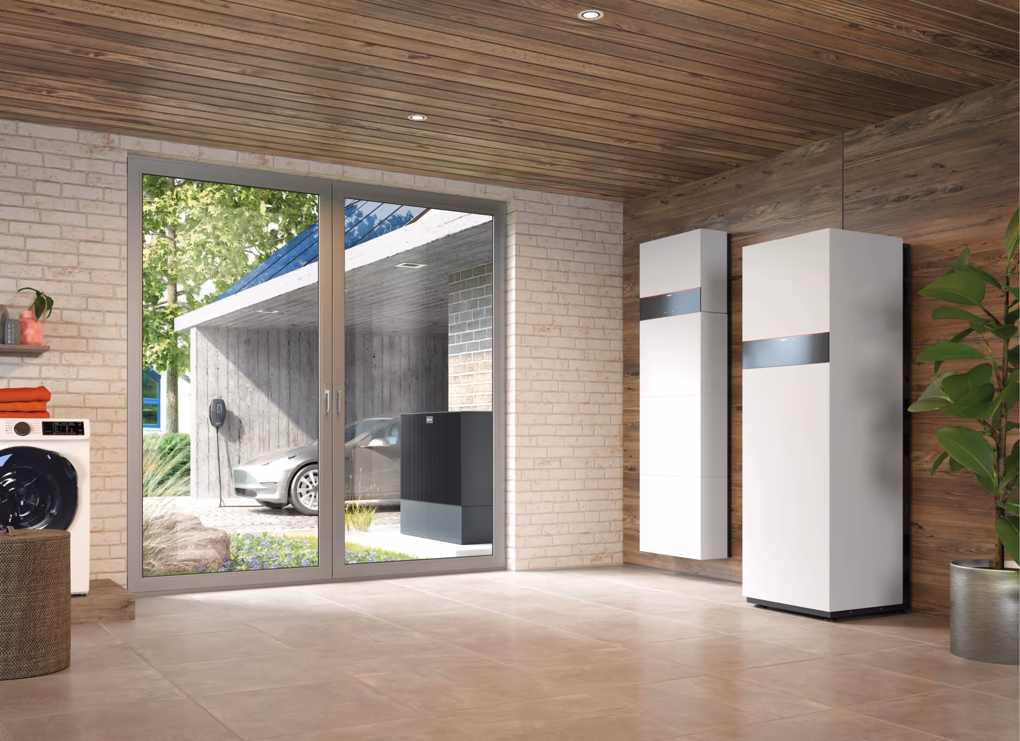 Moderner Hauswirtschaftsraum mit Wärmepumpe, Waschmaschine, Pflanze und Blick auf E-Auto vor Garage.