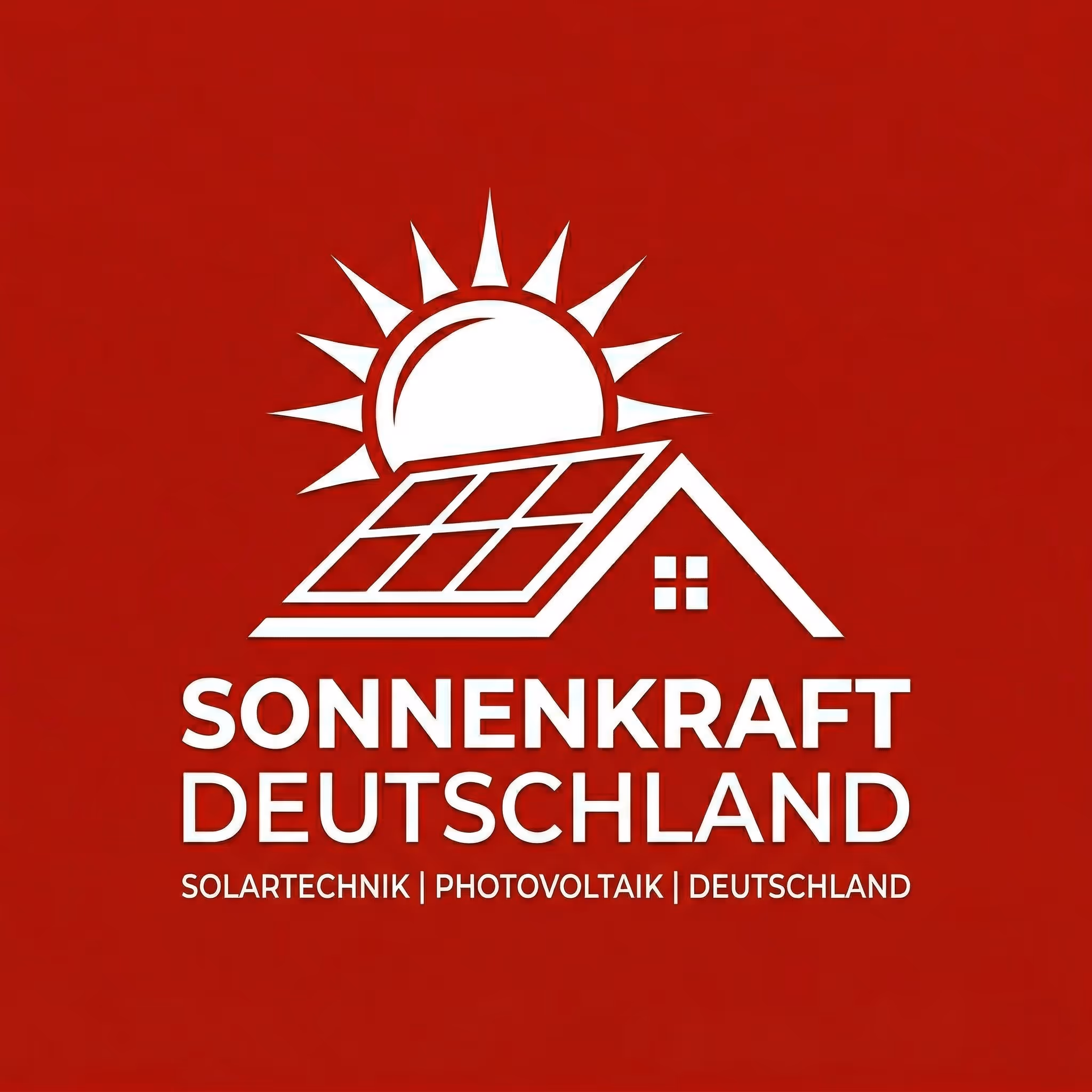 Logo mit Hausdach, Solarpaneelen und Sonne, Text: Sonnenkraft Deutschland, Solartechnik, Photovoltaik.
