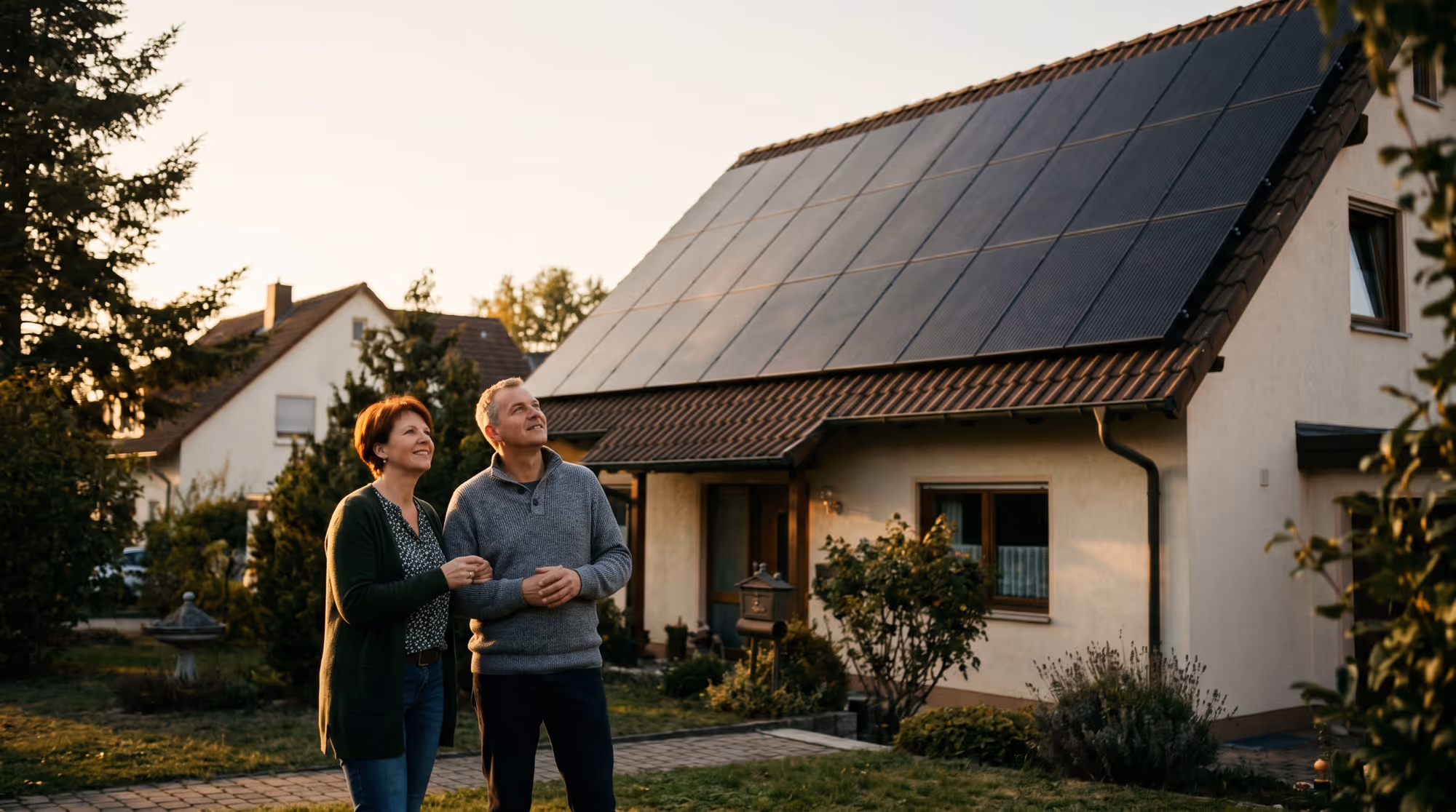 Paar steht im Garten und betrachtet Solarpanels auf dem Dach ihres Hauses bei Sonnenuntergang.