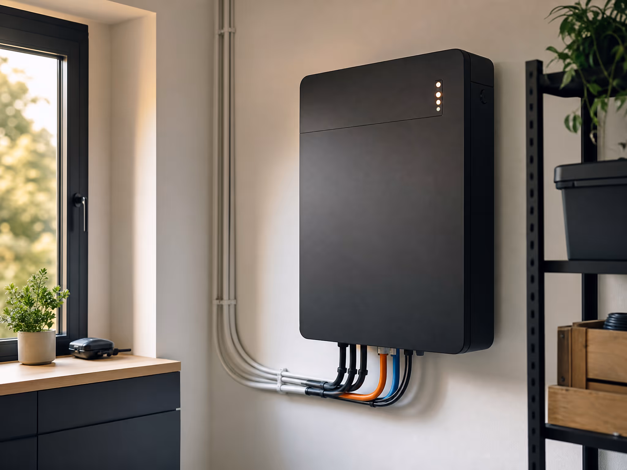 Sigenergy Backup-Box im Hauswirtschaftsraum mit dezenten LED-Anzeigen