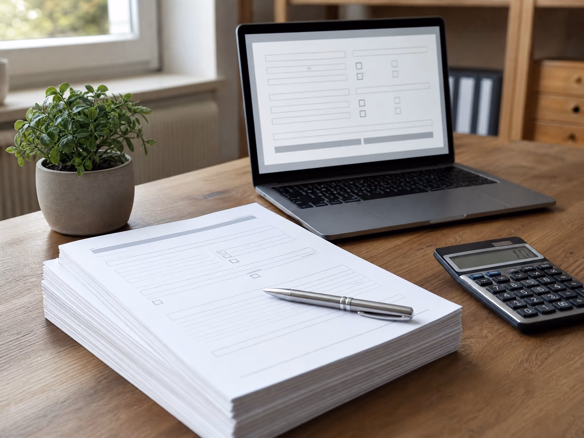 KfW-Förderservice mit Antragspapieren und Laptop am Schreibtisch