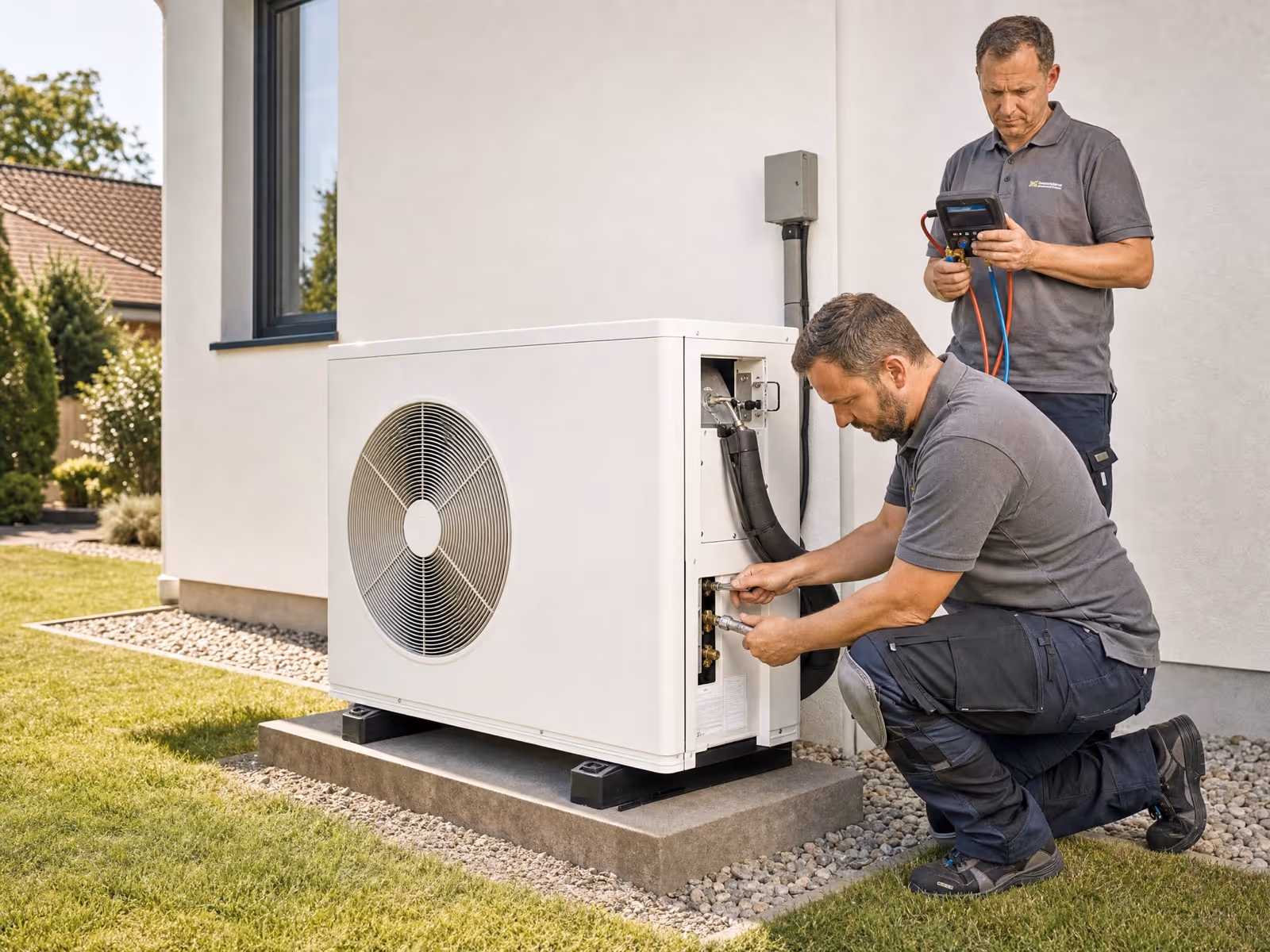 Heizungstechniker beim Anschluss der Waermepumpen-Aussenseinheit am Seiten-Service-Panel