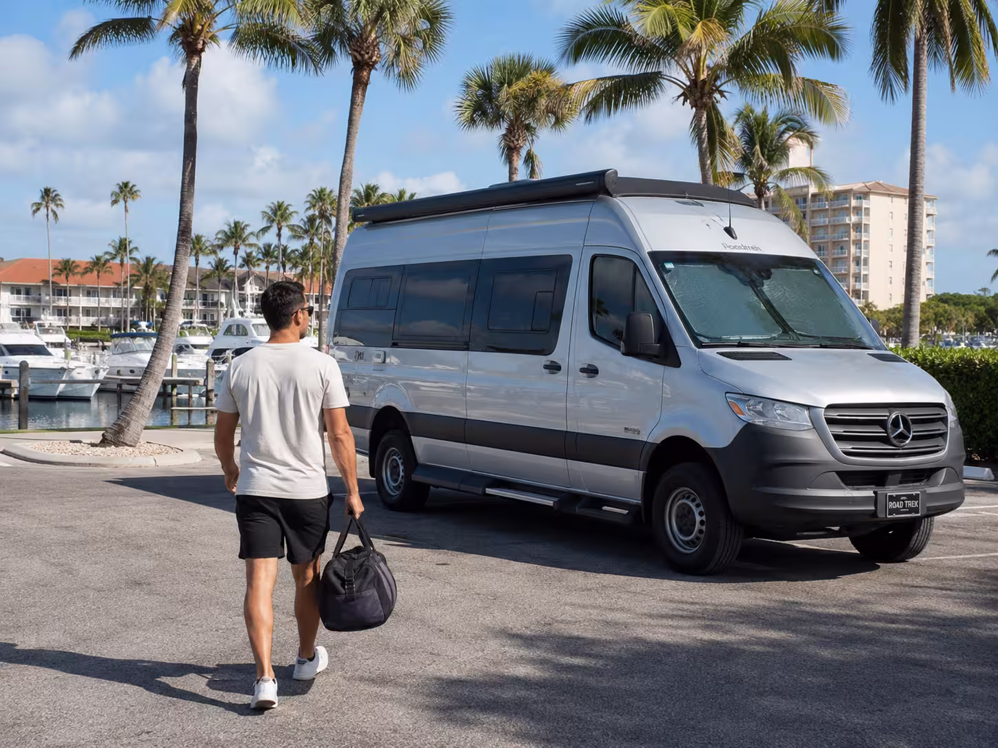 Class B motorhome rental parked near Palm Beach marina