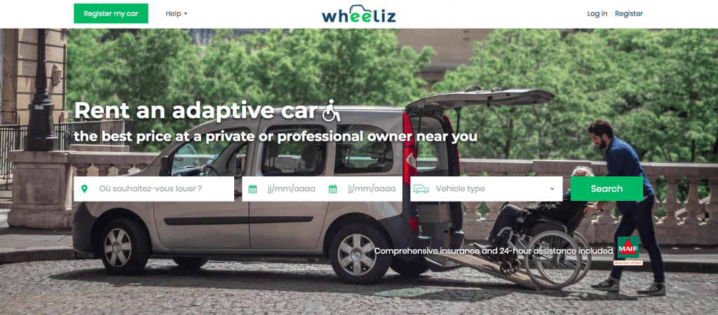 Page d'accueil du site internet Wheeliz