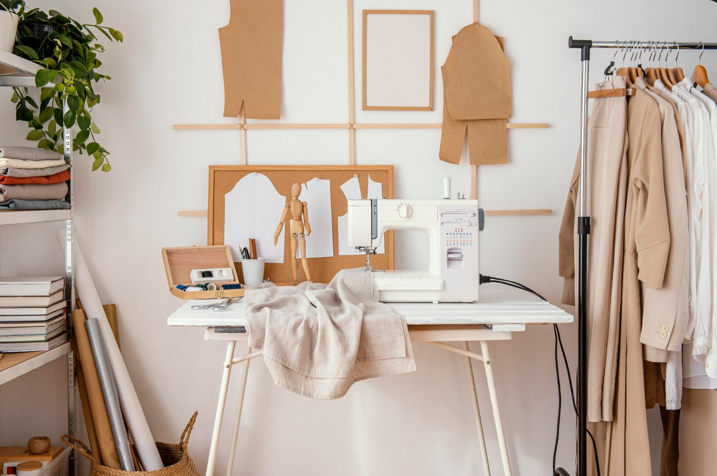 Alterations workshop with sewing machines, tools, and fabric supplies.