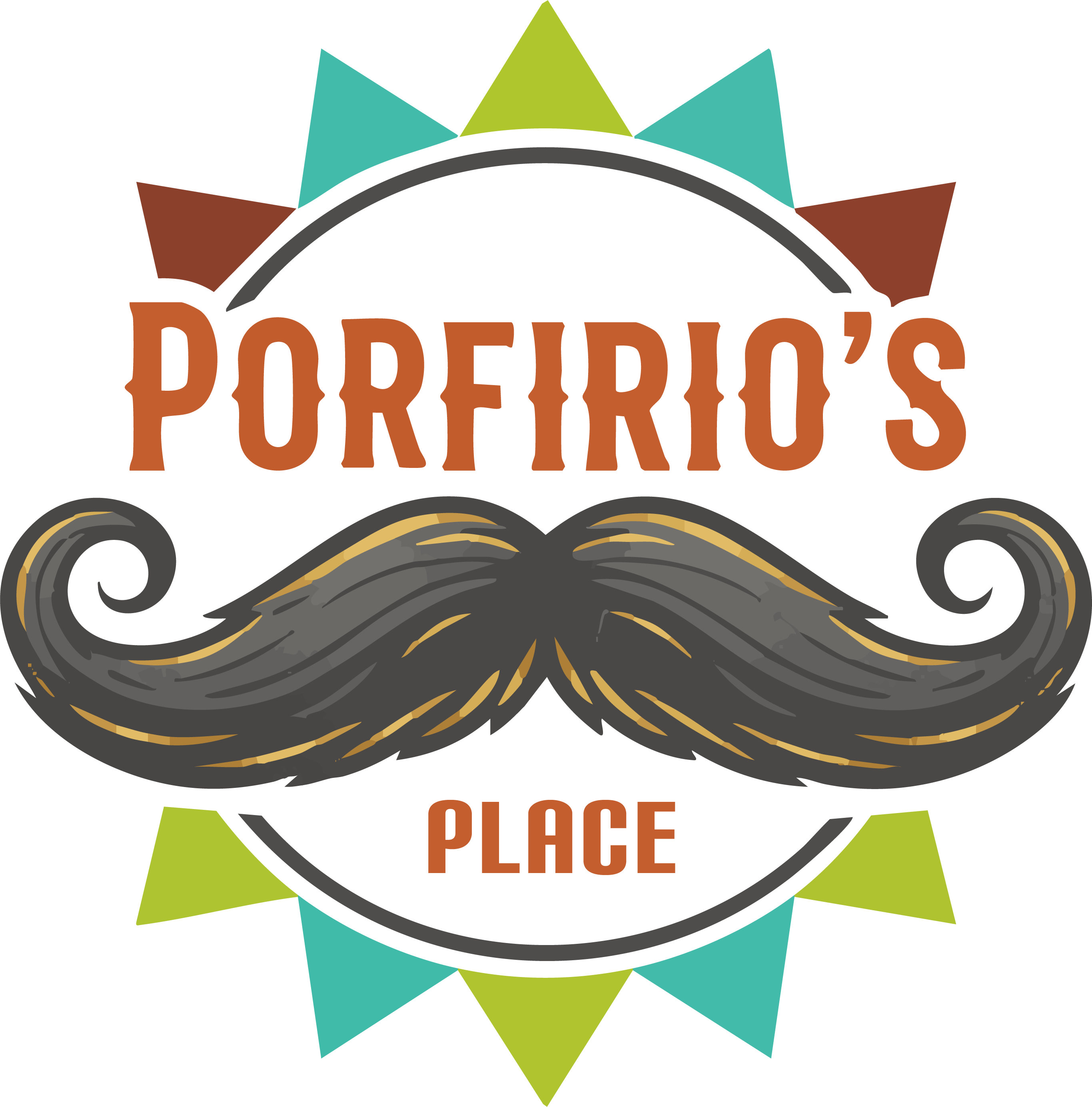 Porfirio’s Place logo with a large stylized mustache and colorful sunburst background.