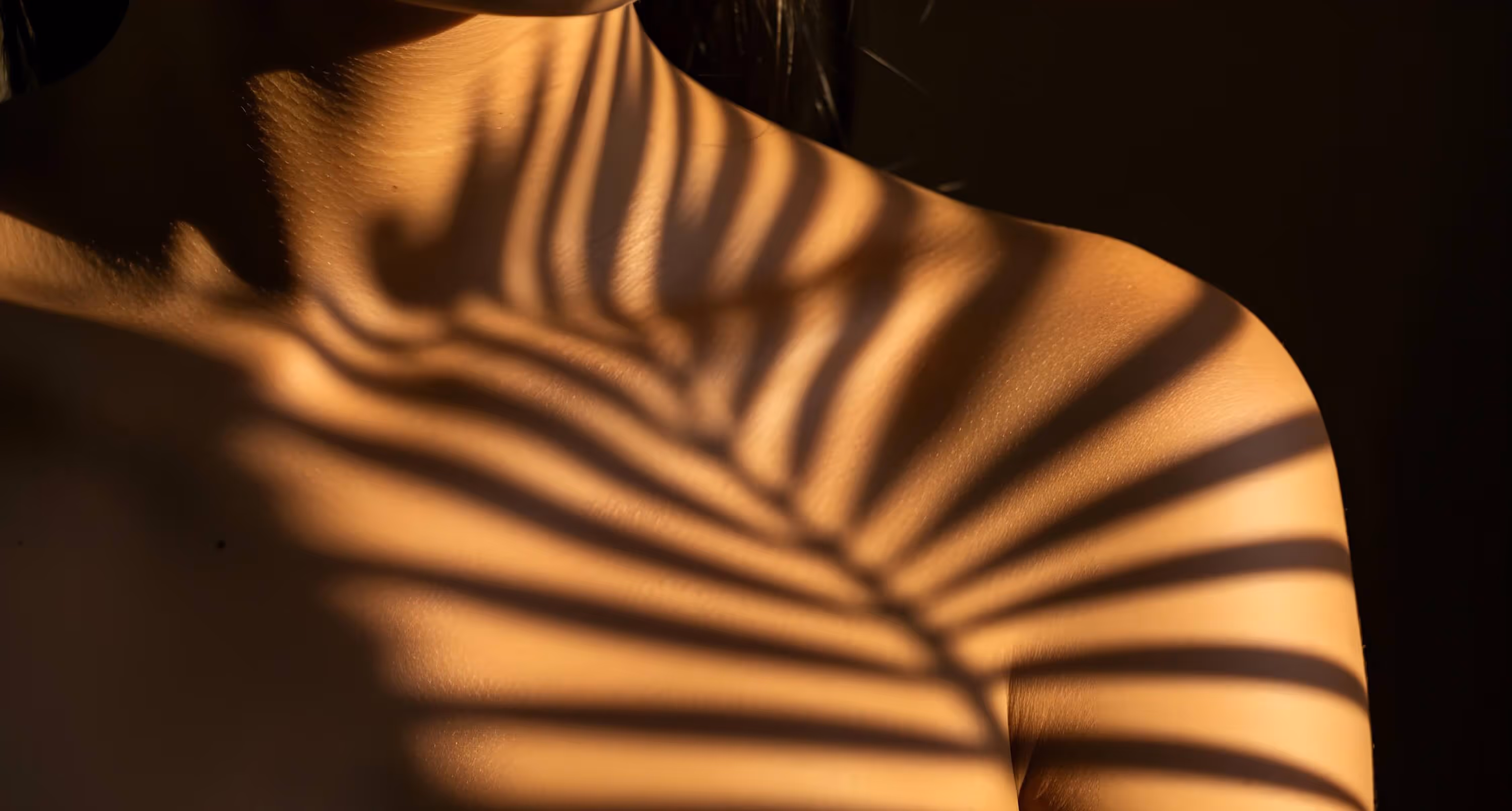 Shadow of a palm leaf cast on a bare shoulder and neck against a dark background.