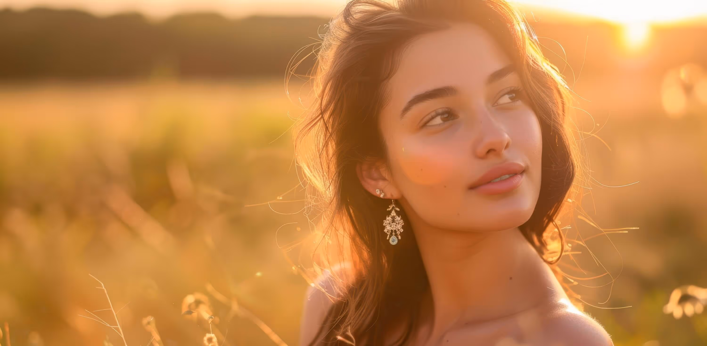 Young woman with earrings looking to the side in a sunlit field during golden hour.
