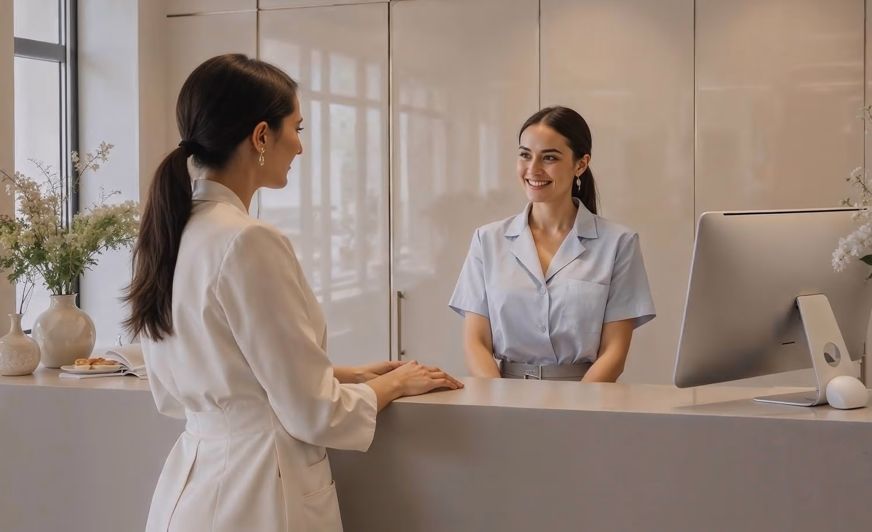 Receptionist smiling and talking to a woman standing at a modern reception desk with vases and a computer monitor.