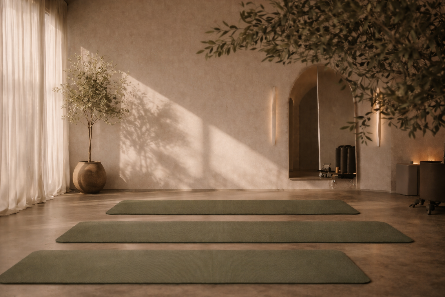 Minimalist yoga studio with three green mats on floor, sheer curtains, potted plant, and an arched mirror on a beige wall.