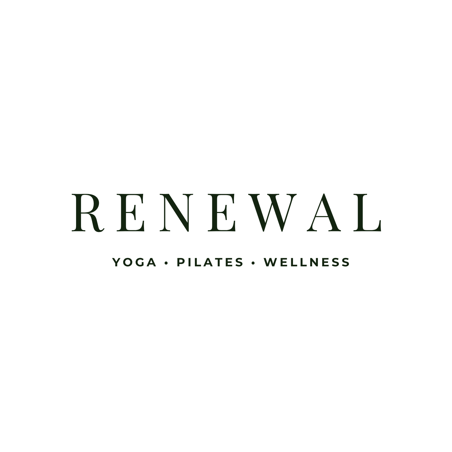 Logo with the word 'RENEWAL' above smaller text reading 'Yoga · Pilates · Wellness' in a clean, dark green font.