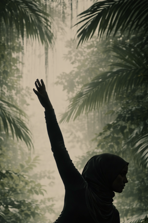 Silhouette of a person wearing a headscarf stretching one arm upward surrounded by lush green foliage.