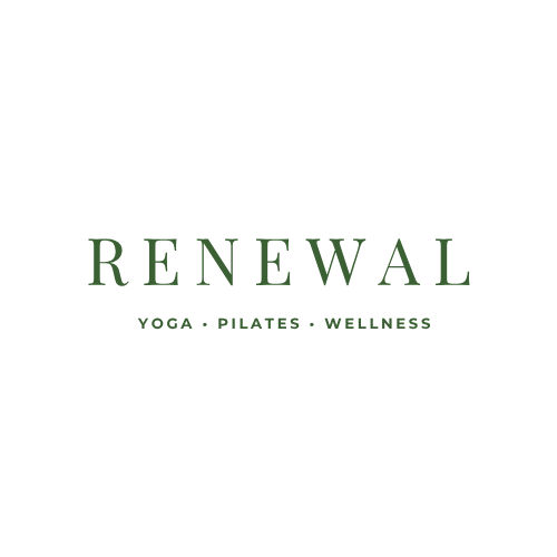 Renewal studio logo featuring the words 'RENEWAL' and 'Yoga • Pilates • Wellness' in green text on a black background.