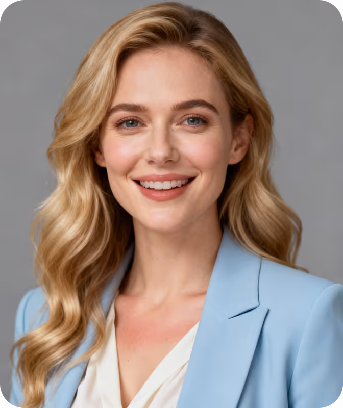 Smiling woman with long wavy blonde hair wearing a light blue blazer and white blouse against a gray background.