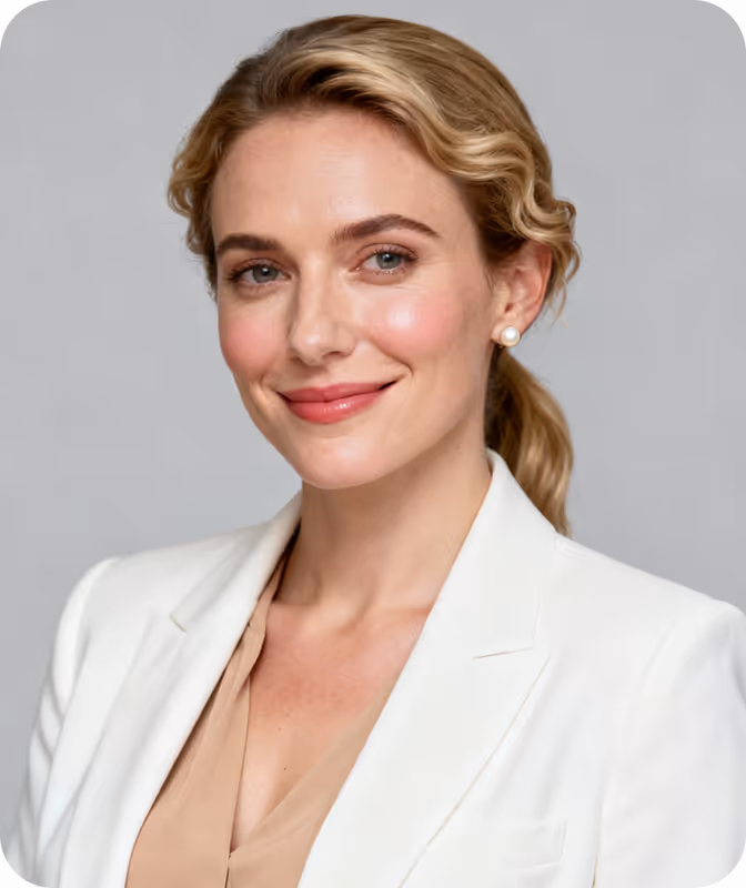 Smiling woman with blonde hair pulled back wearing pearl earrings, a beige top, and a white blazer against a gray background.