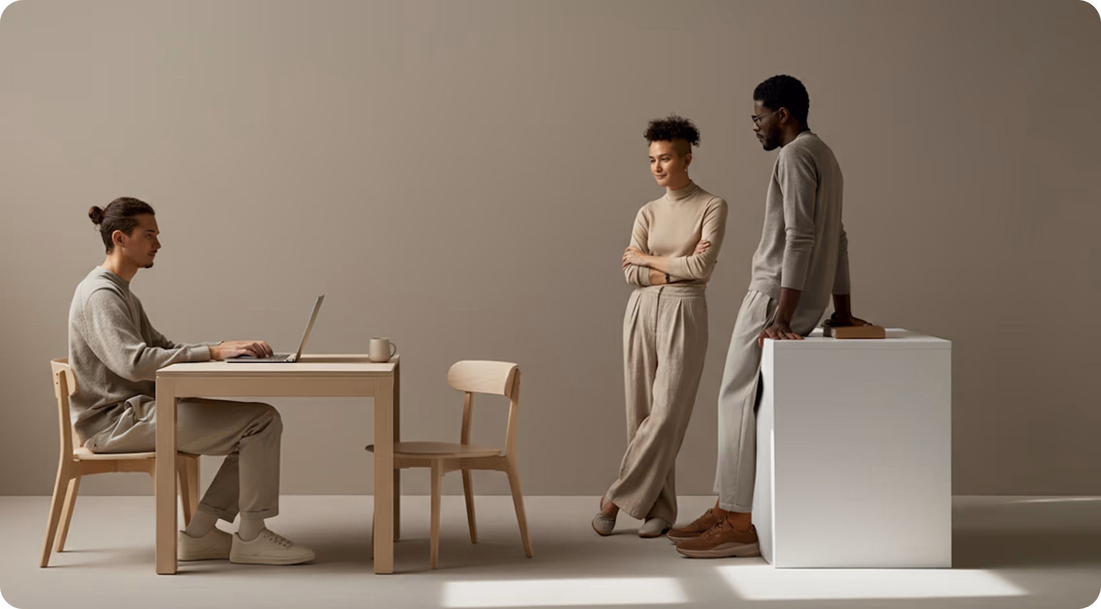 Three people in neutral-toned clothing in a minimalist room, one sitting at a table with a laptop, two standing nearby.