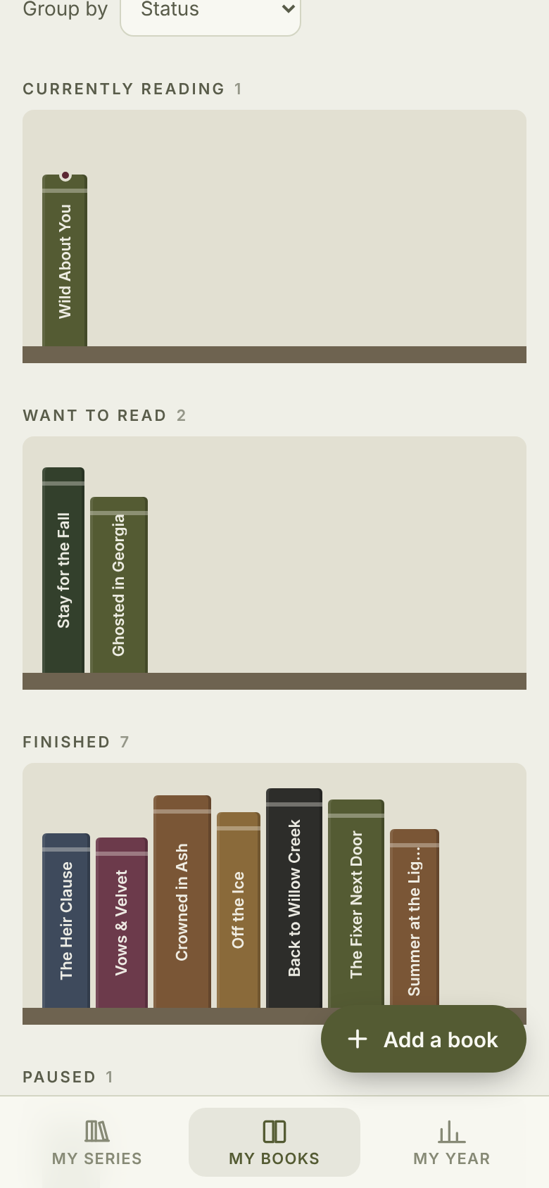 Bookshelf view with book spines grouped into Currently Reading, Want to Read, and Finished