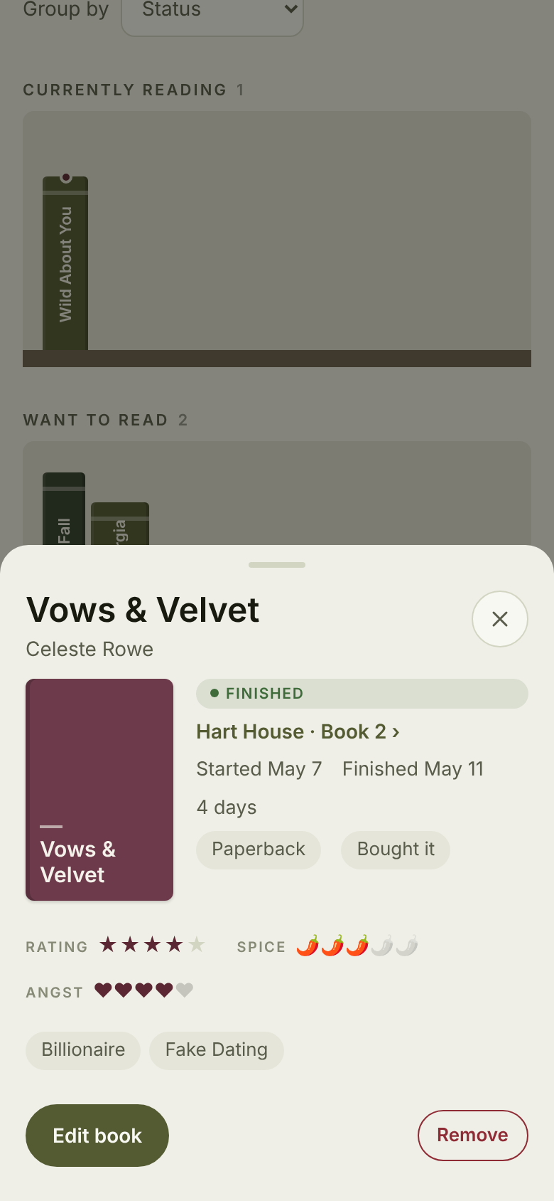 A book's details with star rating, spice and angst levels, tropes, and an Edit book button