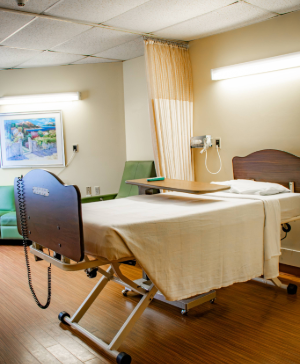Hospital room with an empty bed, beige blanket, wooden floor, wall painting, and a privacy curtain.