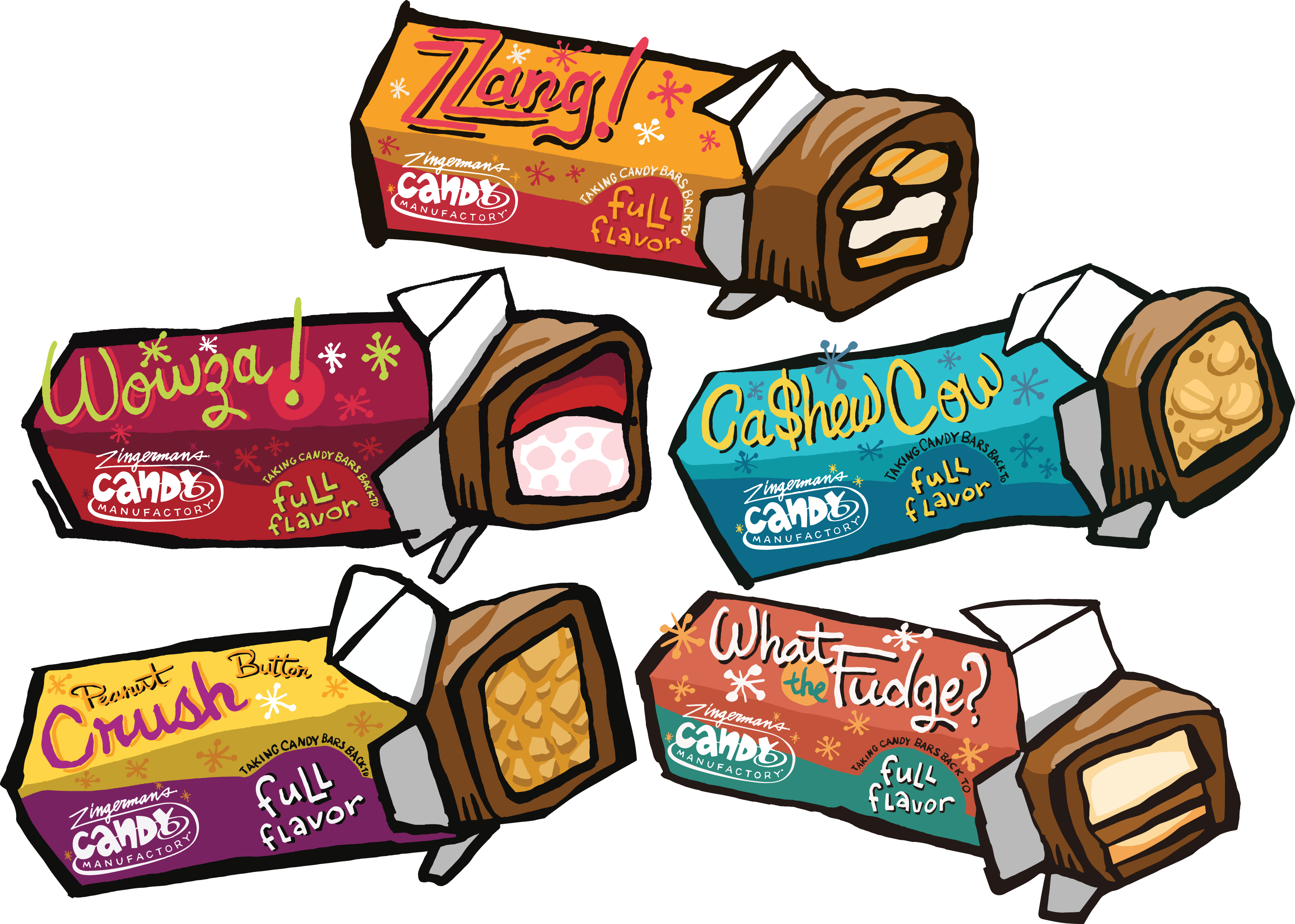 Candy Bars from the candy shop floating like rocket ships illustration