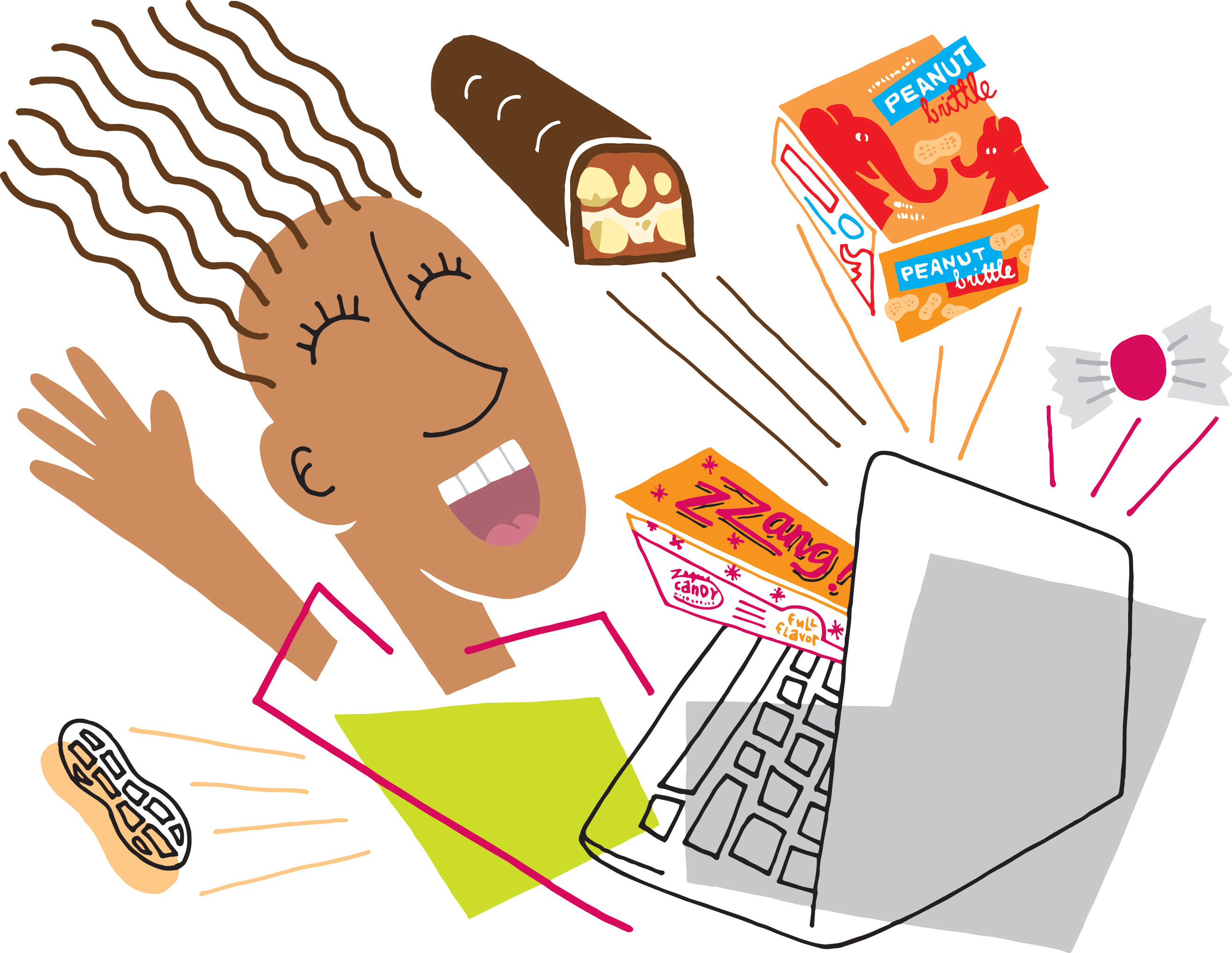 A girl on a computer is overflowing with candy bars, nuts, and confections