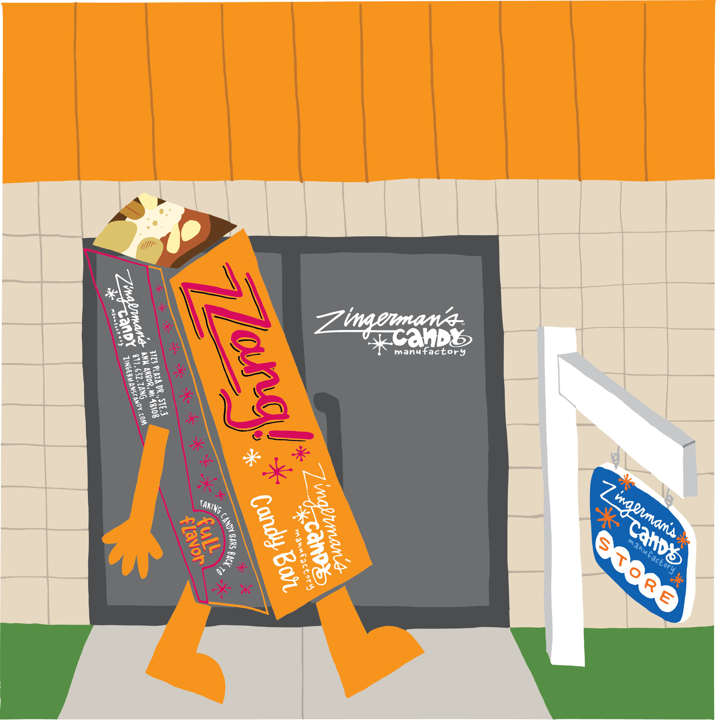 Candy store illustration of the front of the store, the Anthropomorphic Candy bar is walking by the window toward the Candy sign