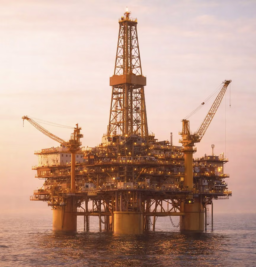 Offshore oil rig at sea during sunset with an overlay showing system performance index at 98.7 in range.