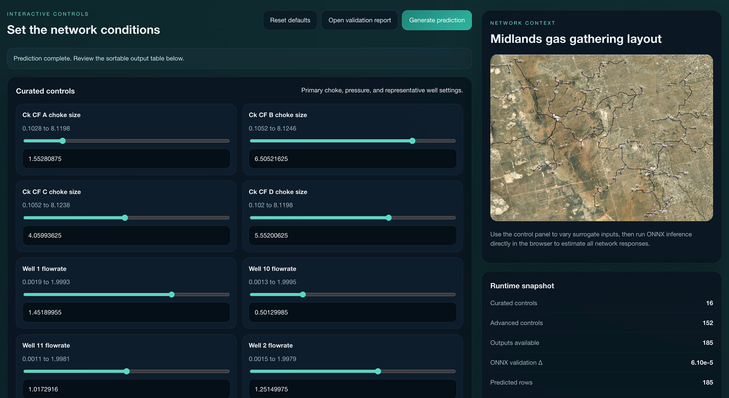Interface to set network conditions with sliders for choke size and well flowrate plus Midlands gas gathering map.