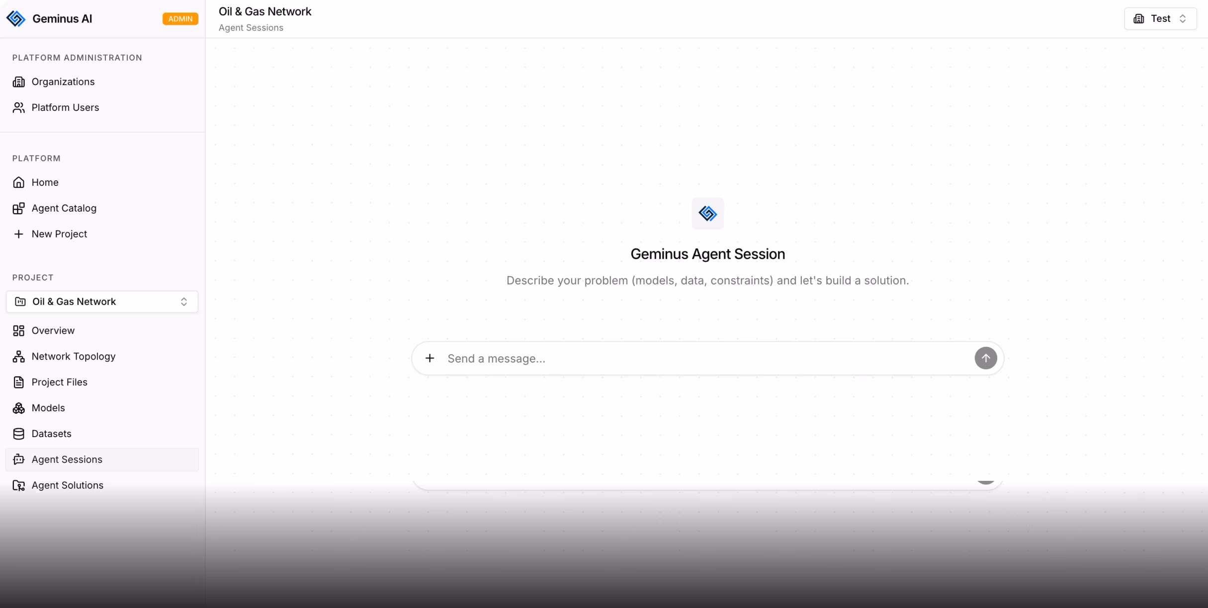 Geminus AI platform showing Oil & Gas Network project Agent Sessions interface with message input field.