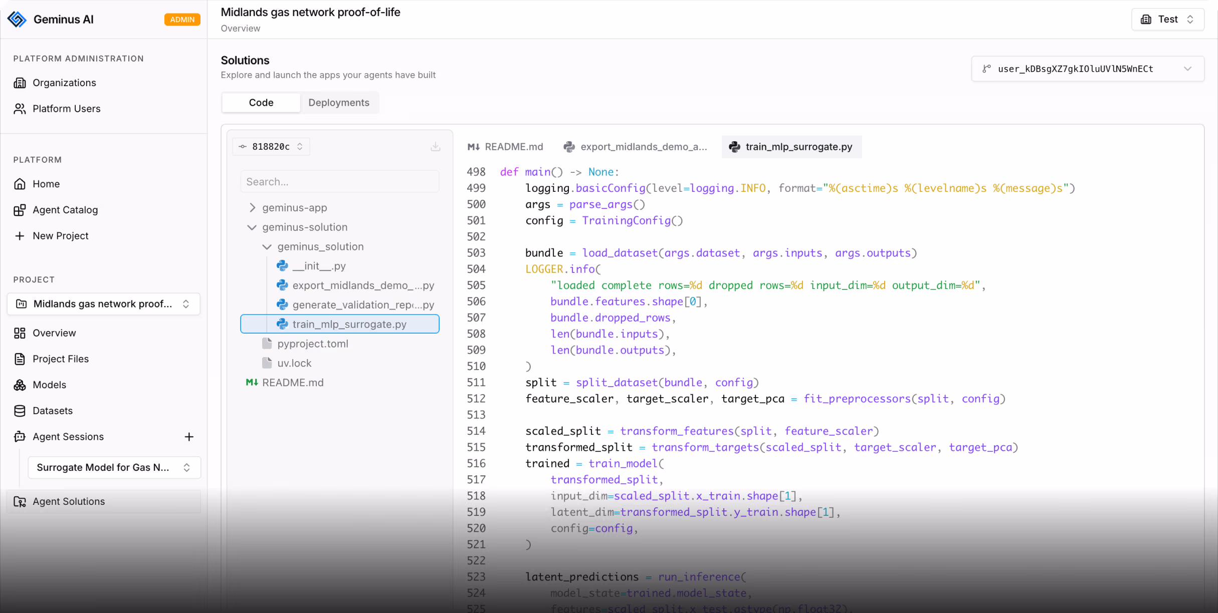 Code editor in Geminus AI showing a Python script for training a surrogate model with dataset loading and preprocessing.