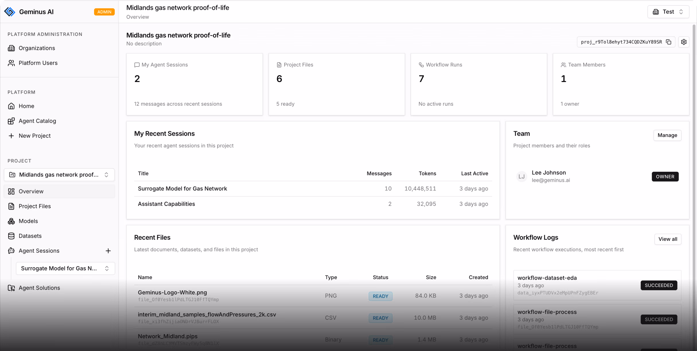 Dashboard showing Midlands gas network project overview, sessions, files, team member, and workflow logs.
