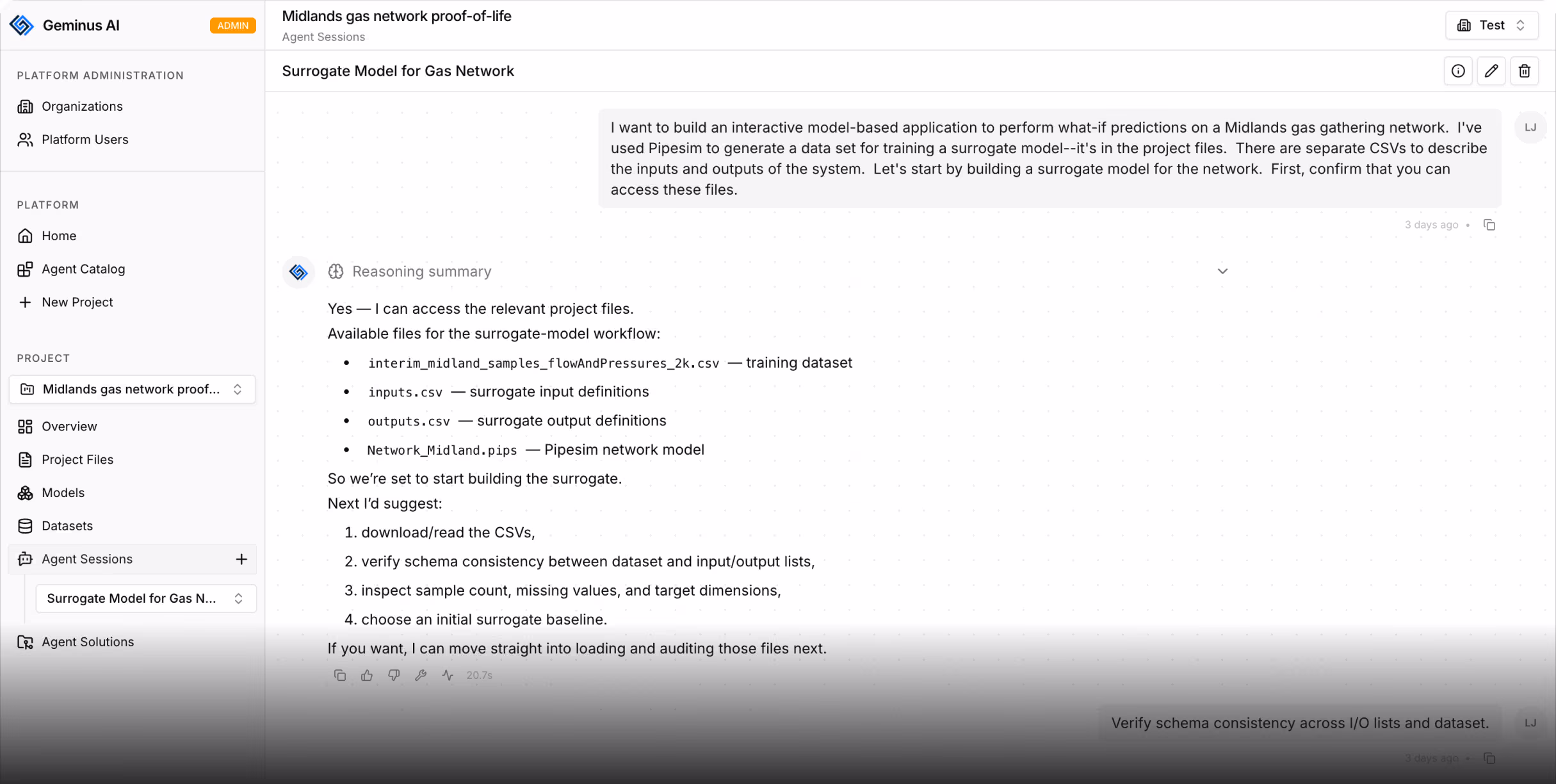 Geminius AI platform showing a surrogate model project with a list of gas network data files and suggested next steps.
