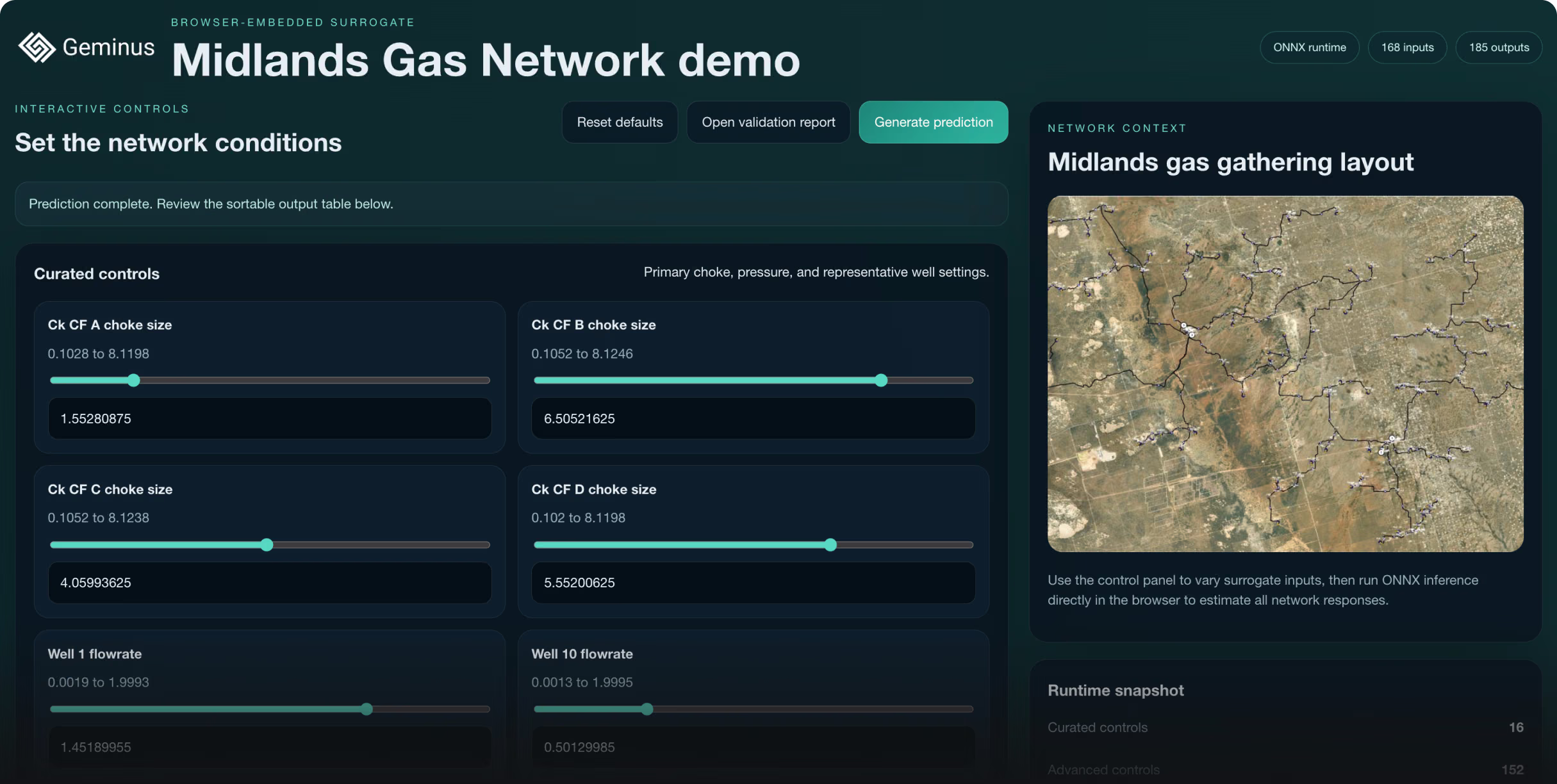 Midlands Gas Network demo interface with controls for choke sizes, flowrates, and a map of gas gathering layout.