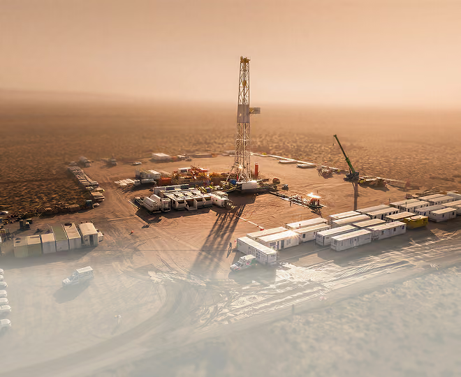 Aerial view of an industrial oil drilling rig surrounded by equipment and containers in a desert.