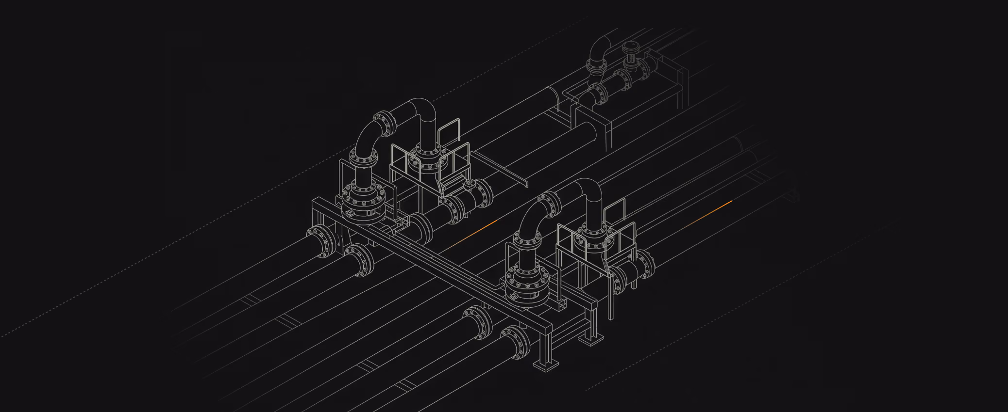 Isometric drawing of an industrial piping system with valves and flanges on a black background.
