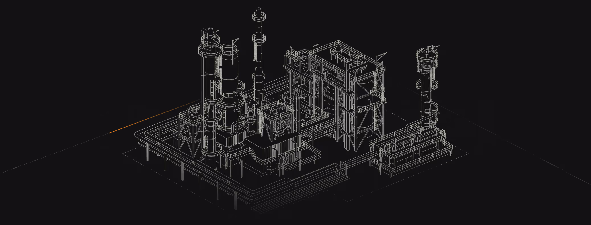 Wireframe 3D model of an industrial plant with tanks, pipes, and towers on dark background.