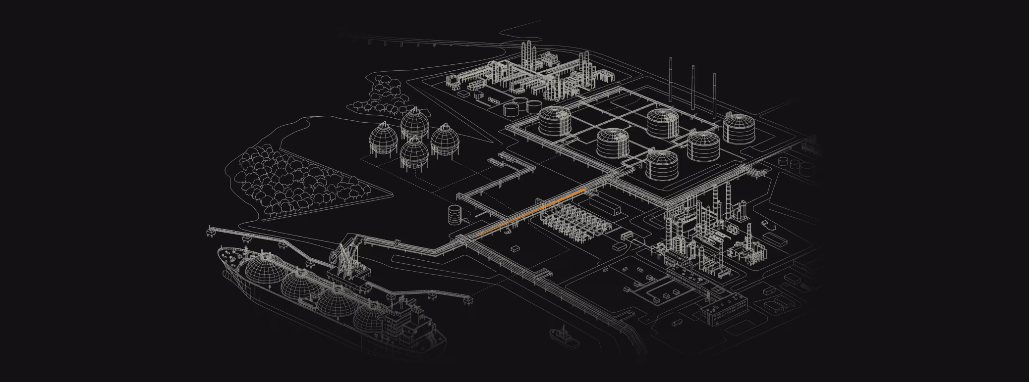Wireframe-style schematic of an industrial plant with storage tanks, pipelines, and a docked tanker ship.