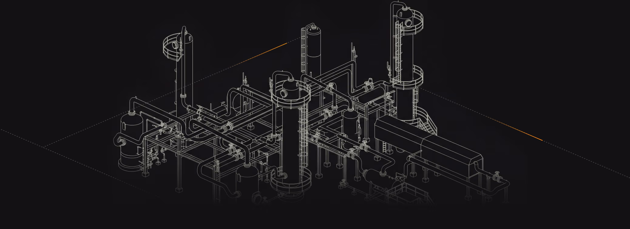 Wireframe 3D model of industrial equipment with pipes, tanks, and stairs on a black background.