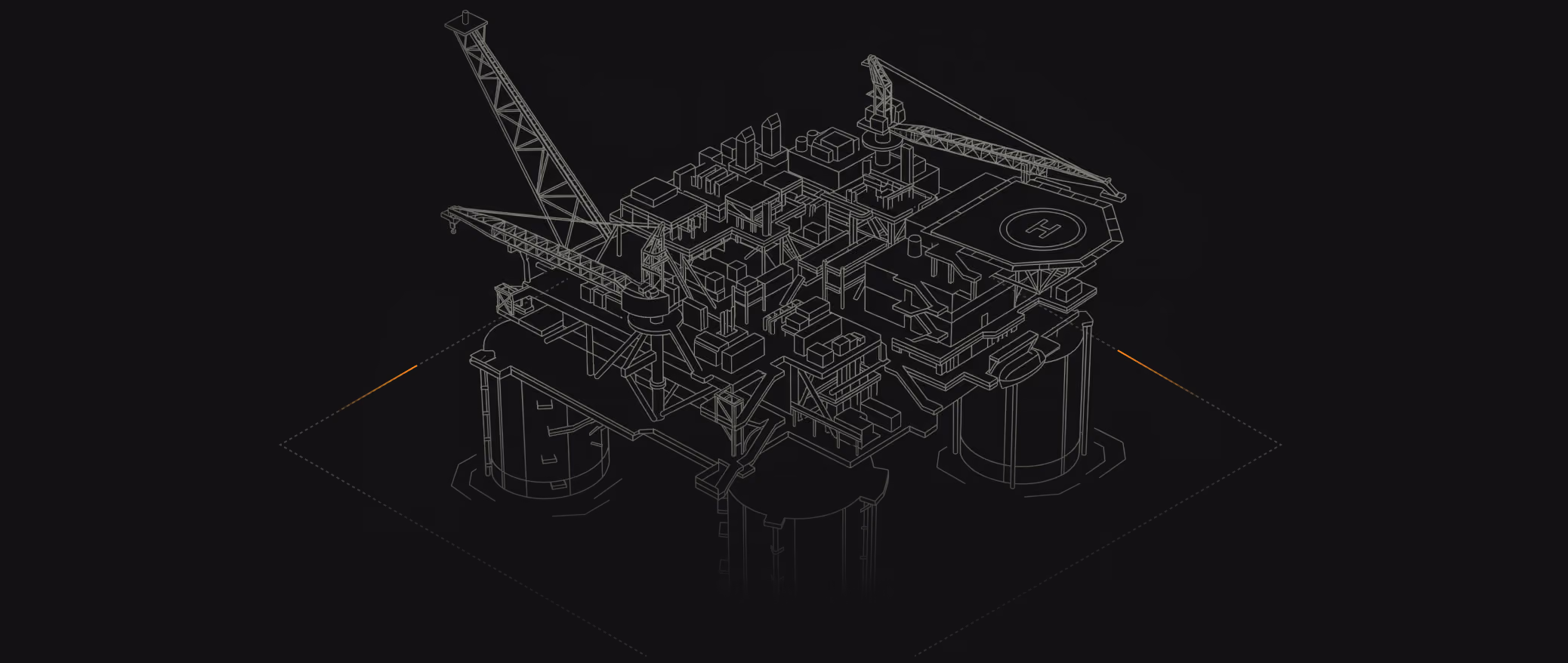 Wireframe illustration of an offshore oil rig platform with cranes and a helipad on a dark background.