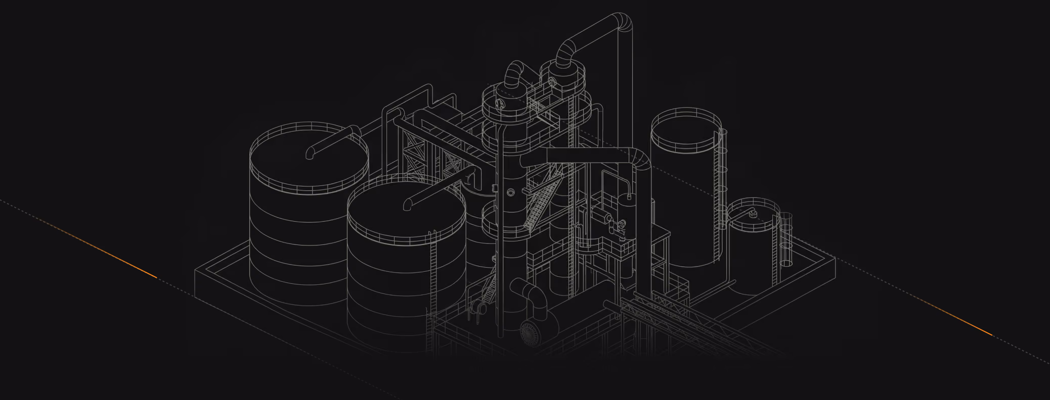 Wireframe illustration of an industrial plant with multiple large storage tanks and piping on a black background.