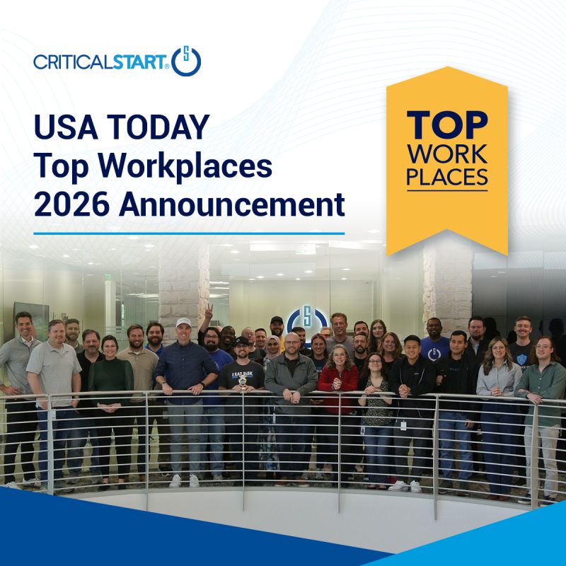Group of Critical Start employees posing together indoors under text announcing USA TODAY Top Workplaces 2026 recognition.