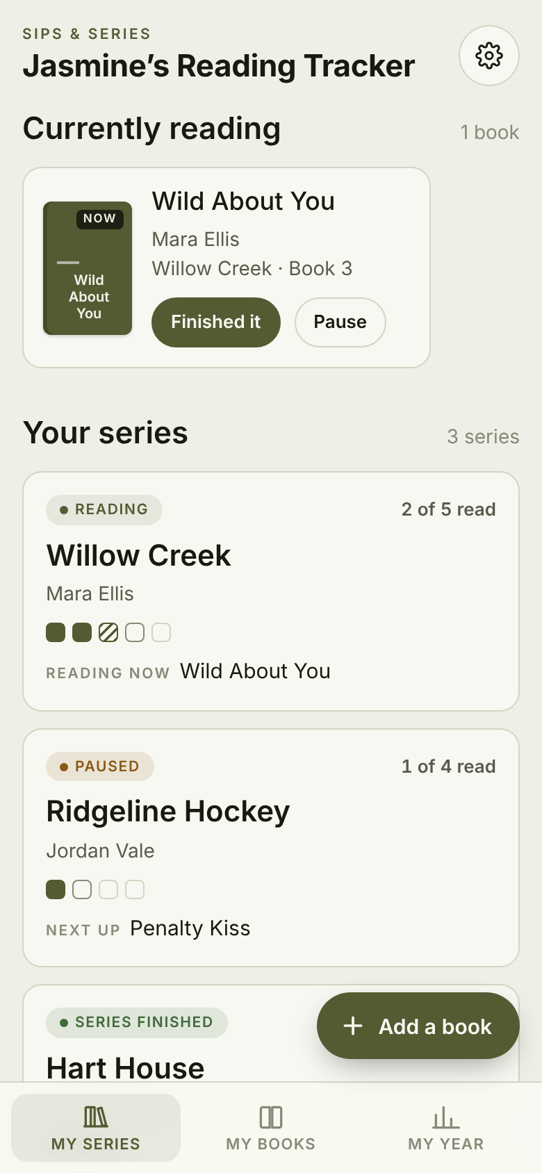 The reading tracker's My Series screen