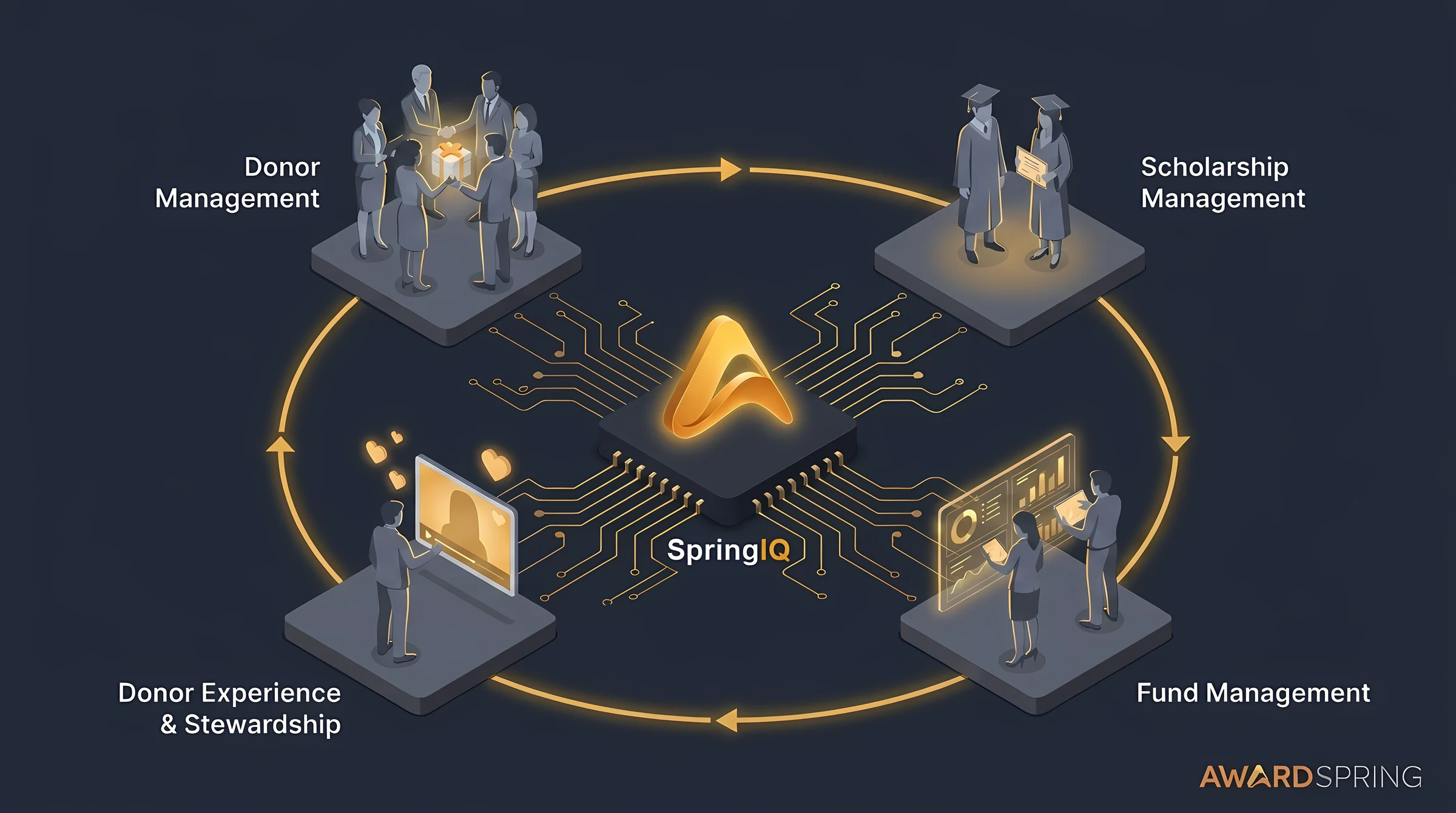 AwardSpring Fund Platform lifecycle: Scholarship Management, Donor Management, Fund Management, and Donor Experience & Stewardship connected by SpringIQ