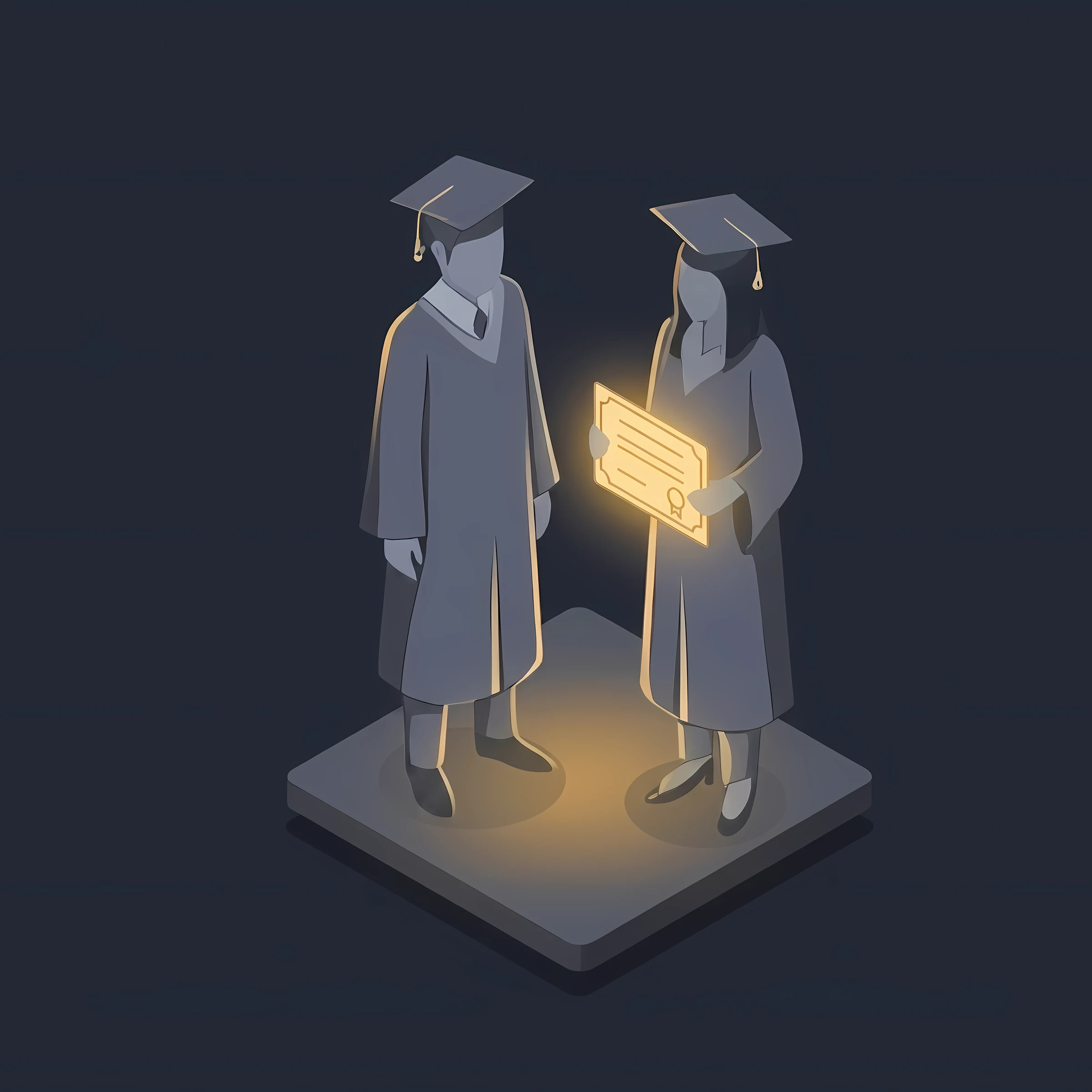Two graduates in caps and gowns, one holding a glowing diploma, standing on a platform.
